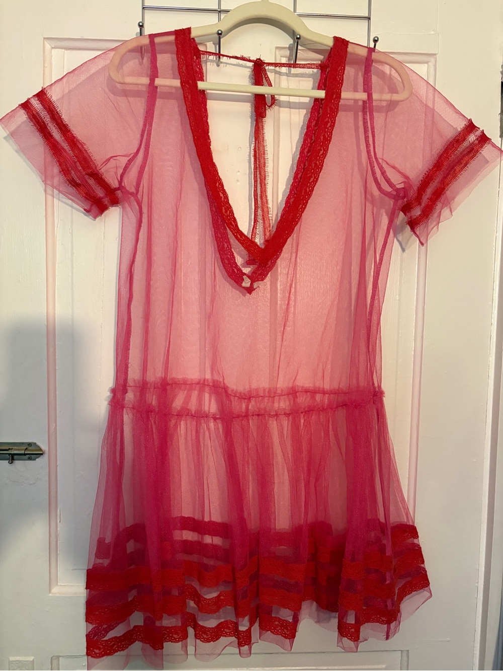 URBAN OUTFITTER TULLE RUFFLE PINK & RED lace trim v neck SHEER DRESS barbiecore